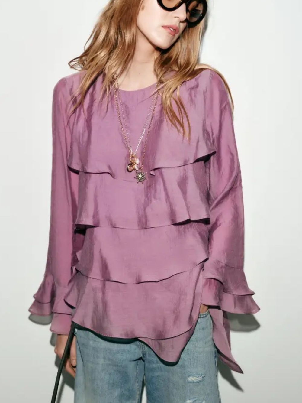 Zara  Asymmetric Ruffle Tiered Blouse Mauve/ Lavender NWT